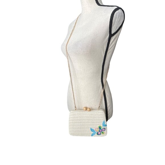 Haute Hippie Straw Hard Case Embroidered Gold Chain Crossbody Boho Bag - Picture 2 of 8